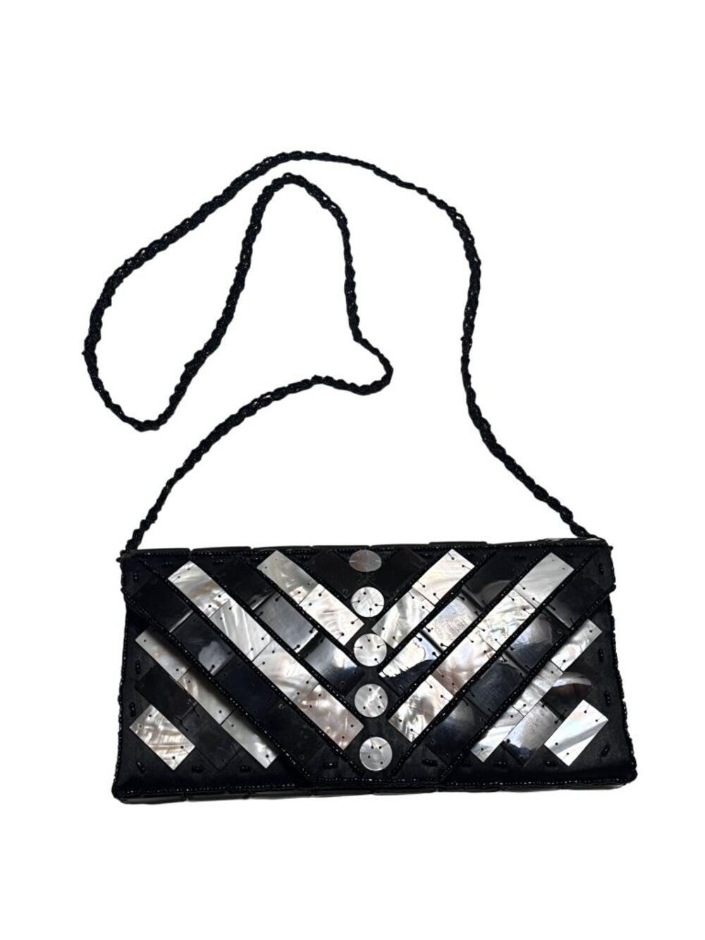 Vintage 80s Mad By Design Mother of Pearl & Silk Clutch Handmade Beaded Crossbod